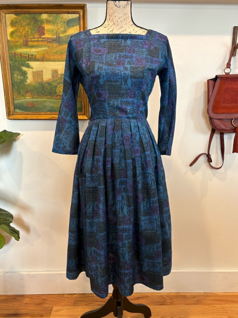 Vintage L’Aiglon Blue Purple Midi Dress Pleated Skirt